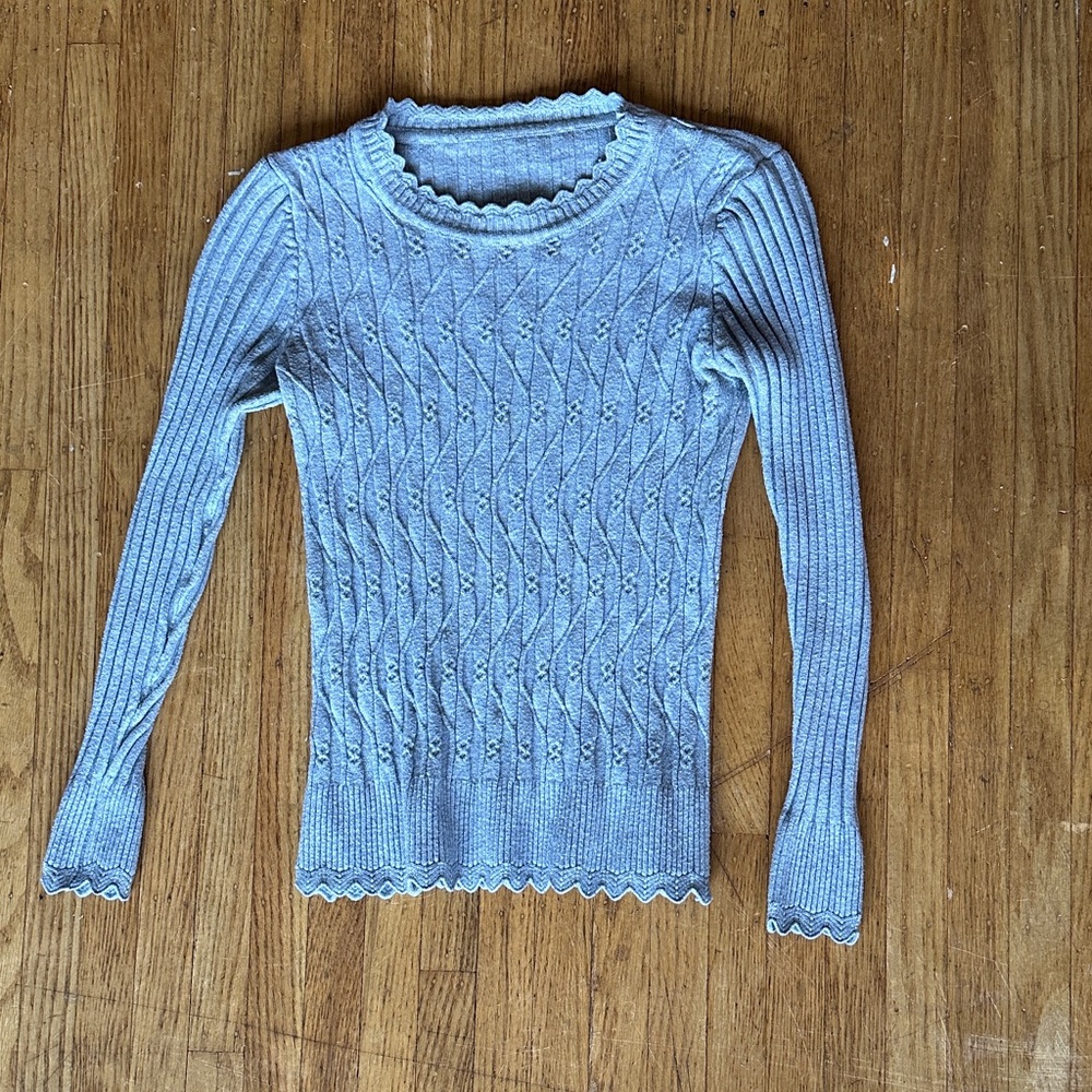 Light Grey Scalloped Edge Knit Sweater